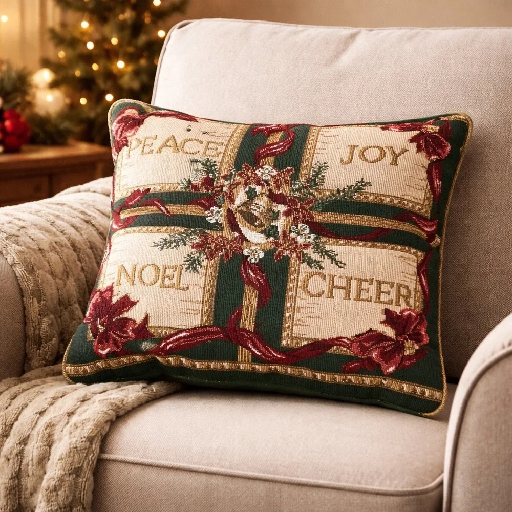 Vintage Christmas Tapestry Pillow Peace Joy Noel Cheer Red Green Gold Ribbons
